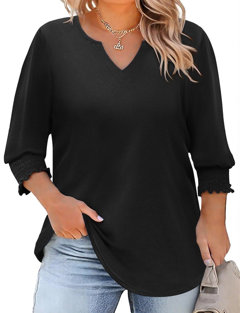 Rapbin 3/4 Length Sleeve Womens Tops Dressy Casual Plus Size Shirts for Curvy Women Cotton Loose Fit Office Wear (Black 3XL) - Image 1