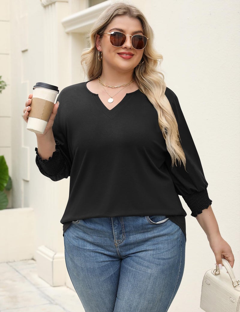 Rapbin 3/4 Length Sleeve Womens Tops Dressy Casual Plus Size Shirts for Curvy Women Cotton Loose Fit Office Wear (Black 3XL) - Image 3