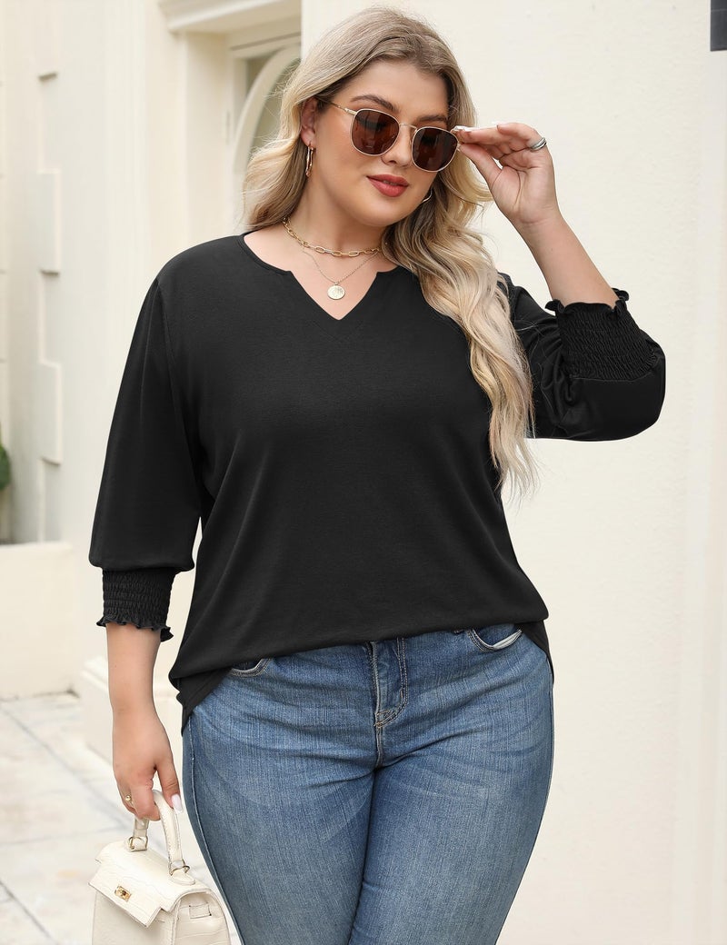 Rapbin 3/4 Length Sleeve Womens Tops Dressy Casual Plus Size Shirts for Curvy Women Cotton Loose Fit Office Wear (Black 3XL) - Image 5