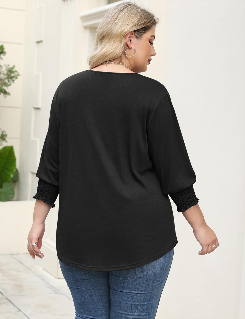 Rapbin 3/4 Length Sleeve Womens Tops Dressy Casual Plus Size Shirts for Curvy Women Cotton Loose Fit Office Wear (Black 3XL) - Image 4