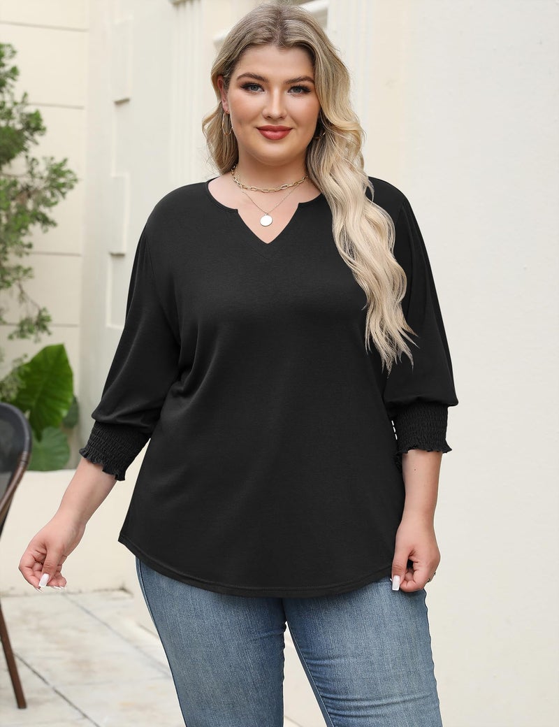 Rapbin 3/4 Length Sleeve Womens Tops Dressy Casual Plus Size Shirts for Curvy Women Cotton Loose Fit Office Wear (Black 3XL) - Image 2