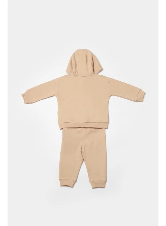 Magu Unisex Baby Beige Cotton Hooded Tracksuit - Sweatshirt with Pocket Details and Bottoms