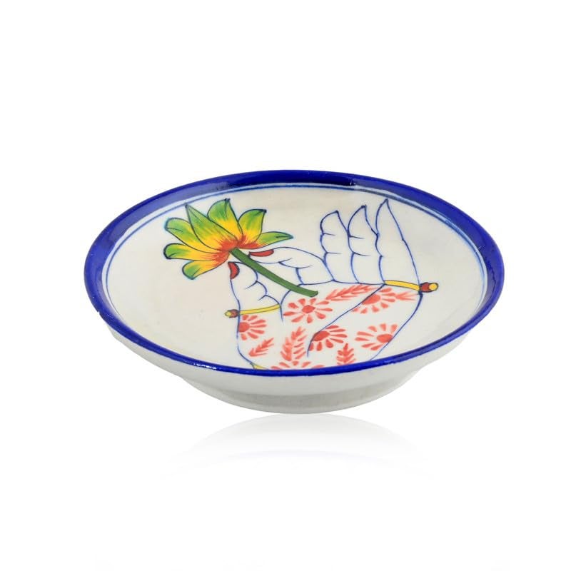 NATRIEL Blue Pottery White Color Plate Artisan Handcrafted Plate for Classic Home and Kitchen Decor and Serving Handmade and Handpainted Hand with Flower 6 to 8 - Image 2
