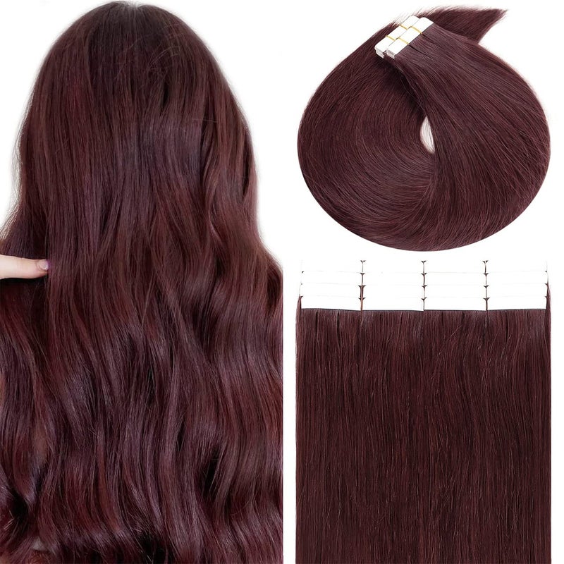 Lacer Natural Human Hair Tape in Extensions Invisible Double Sided Straight Red Wine Burgundy 99J Glue In Hair Extensions Human Hair 50g 20pcs 18 Inch