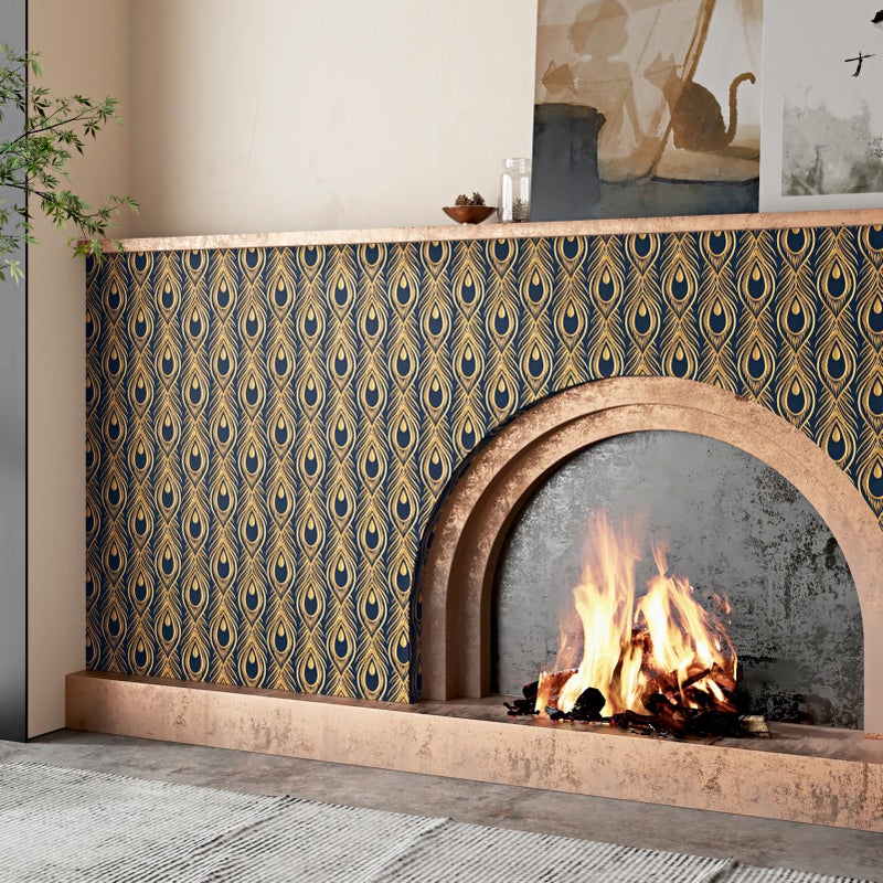 Wallercity Black and Gold Wallpaper Geometric Abstract Peacock Feather Gold Contact Paper Self Adhesive Modern Feather Geometric Peel and Stick Wallpaper for Bedroom Living Room Vinyl Roll 17.5"x102" - Image 2