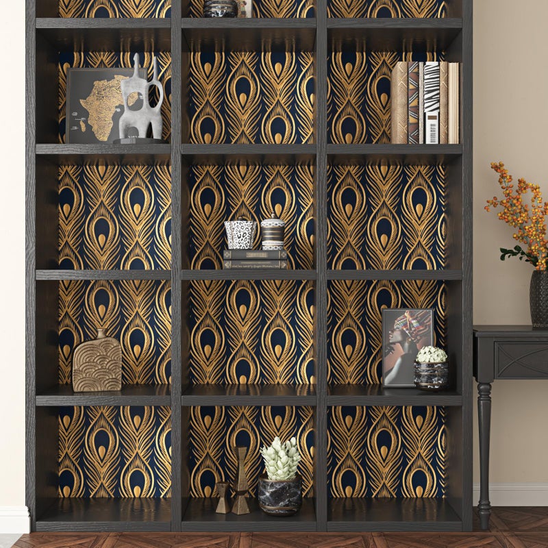 Wallercity Black and Gold Wallpaper Geometric Abstract Peacock Feather Gold Contact Paper Self Adhesive Modern Feather Geometric Peel and Stick Wallpaper for Bedroom Living Room Vinyl Roll 17.5"x102" - Image 4