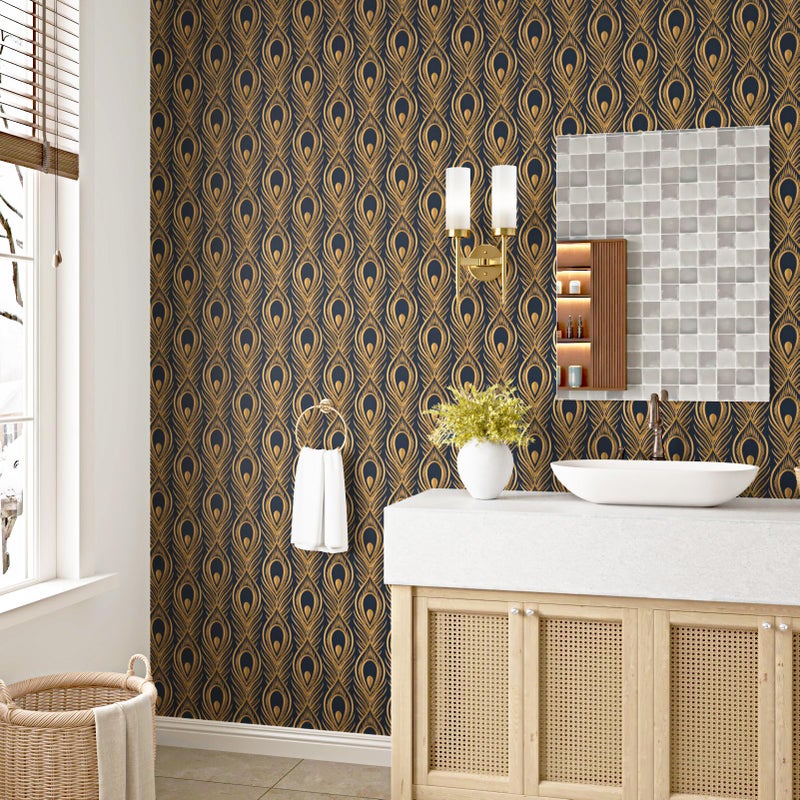 Wallercity Black and Gold Wallpaper Geometric Abstract Peacock Feather Gold Contact Paper Self Adhesive Modern Feather Geometric Peel and Stick Wallpaper for Bedroom Living Room Vinyl Roll 17.5"x102" - Image 3