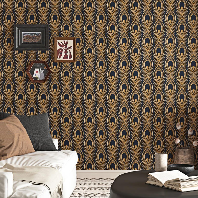 Wallercity Black and Gold Wallpaper Geometric Abstract Peacock Feather Gold Contact Paper Self Adhesive Modern Feather Geometric Peel and Stick Wallpaper for Bedroom Living Room Vinyl Roll 17.5"x102" - Image 5