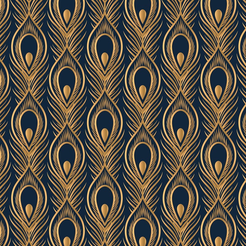 Wallercity Black and Gold Wallpaper Geometric Abstract Peacock Feather Gold Contact Paper Self Adhesive Modern Feather Geometric Peel and Stick Wallpaper for Bedroom Living Room Vinyl Roll 17.5"x102" - Image 1