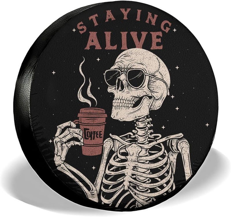 GENANY Staying Alive Skeleton Size 16 Premium Heavy Duty PVC Leather Spare Tire Cover - Image 1