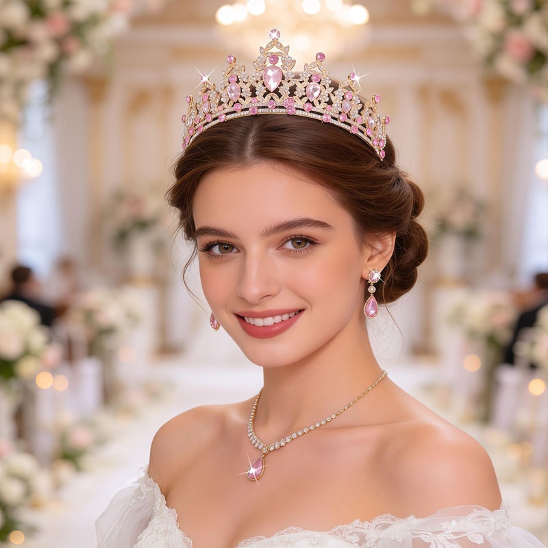 Kamirola Pink Crown for Women Crystal Princess Tiaras Rhinestone Queen Headband Wedding Bridal Hair Accessories Birthday Prom Christmas Pageant Party - Image 2