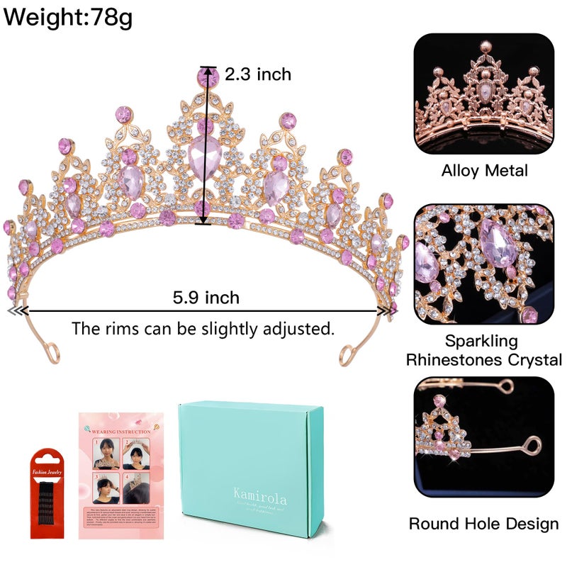 Kamirola Pink Crown for Women Crystal Princess Tiaras Rhinestone Queen Headband Wedding Bridal Hair Accessories Birthday Prom Christmas Pageant Party - Image 5