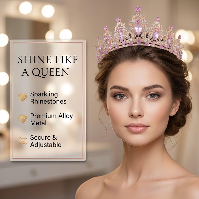Kamirola Pink Crown for Women Crystal Princess Tiaras Rhinestone Queen Headband Wedding Bridal Hair Accessories Birthday Prom Christmas Pageant Party - Image 3