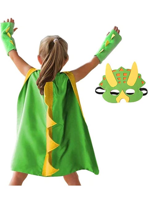 زي ديناصور BrainGiggles للأطفال؛ عباءة وقناع وقفازات متطابقة، مناسب للارتداء في زي حيوان، مناسب لعيد الهالوين للأولاد والبنات (أخضر وأصفر)