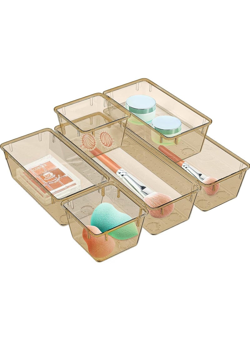 مجموعة منظم أدراج مستوردة من 6 قطع بلون بني شفاف، صواني تخزين أدراج أكريليك، صناديق تخزين لمستحضرات التجميل، المجوهرات، الأدوات، الأدوات المكتبية - Image 1