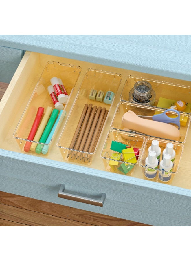 مجموعة منظم أدراج مستوردة من 6 قطع بلون بني شفاف، صواني تخزين أدراج أكريليك، صناديق تخزين لمستحضرات التجميل، المجوهرات، الأدوات، الأدوات المكتبية - Image 5