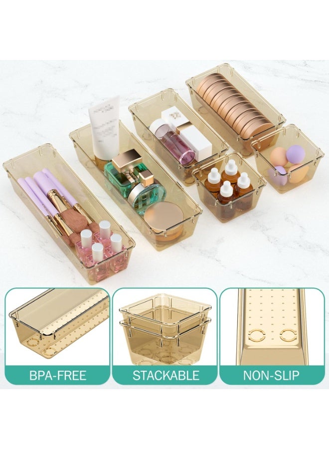 مجموعة منظم أدراج مستوردة من 6 قطع بلون بني شفاف، صواني تخزين أدراج أكريليك، صناديق تخزين لمستحضرات التجميل، المجوهرات، الأدوات، الأدوات المكتبية - Image 3