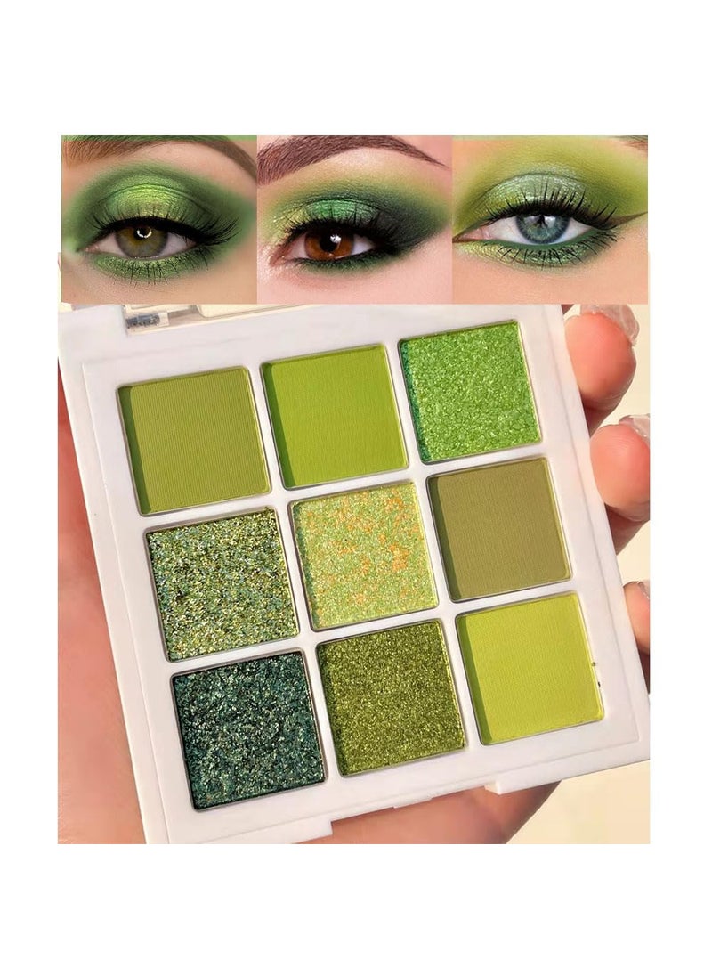 AMY'S DIARY Green Glitter Shimmer Eye Shadow Makeup Palette 9 Colors,Light Bright Emerald Dark Avocado Neon Green Highly Pigmented Matte Glitter Shimmer Pearl Waterproof Party Sparkling Eyeshadow Palette 