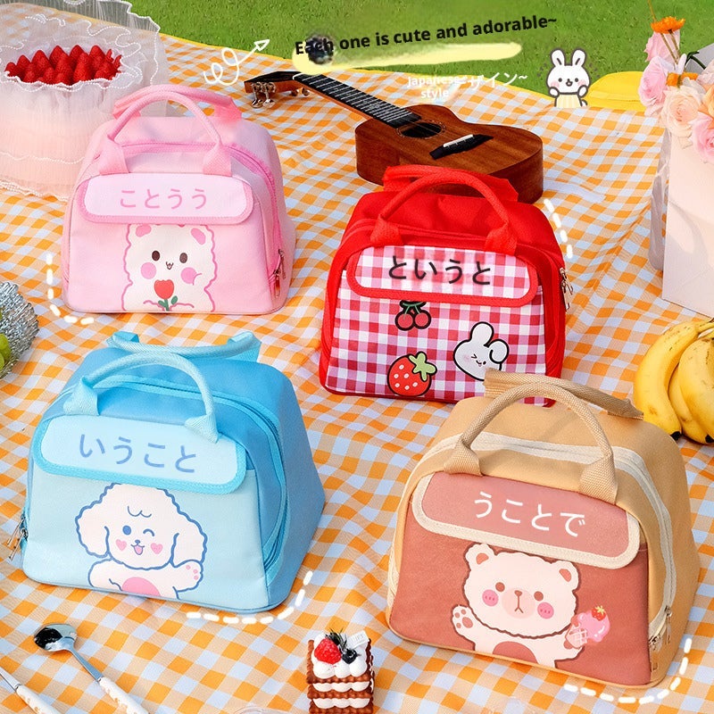Thick Insulated Lunch Bag with Cartoon Design - Large Pink Flower Bear - Image 4