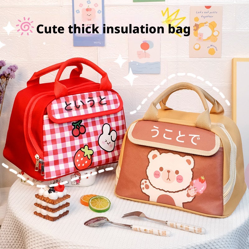 Thick Insulated Lunch Bag with Cartoon Design - Large Pink Flower Bear - Image 1