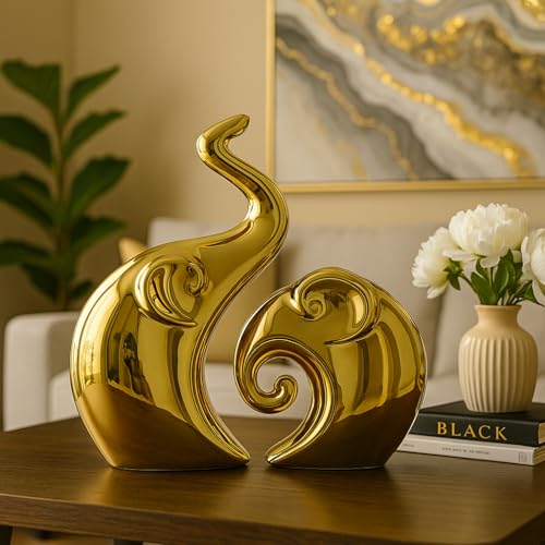 LADROX Lavish Home Decor Golden Elephant Couple Figurine | Piano Finish Ceramic Figures - (Set of 2 Piece, Gold), Love - Image 4