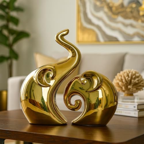 LADROX Lavish Home Decor Golden Elephant Couple Figurine | Piano Finish Ceramic Figures - (Set of 2 Piece, Gold), Love - Image 1