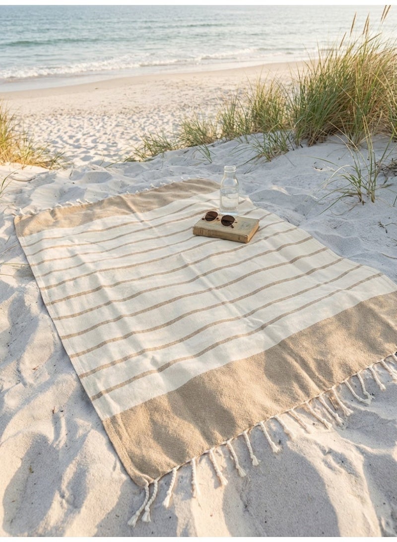 Ambrosia 90x180 cm Polycotton Light Beige Striped Turkish Fouta Towel and Multipurpose Blanket, a lightweight quick drying flat weave accessory for beach, bath, travel, and picnic use - Image 2