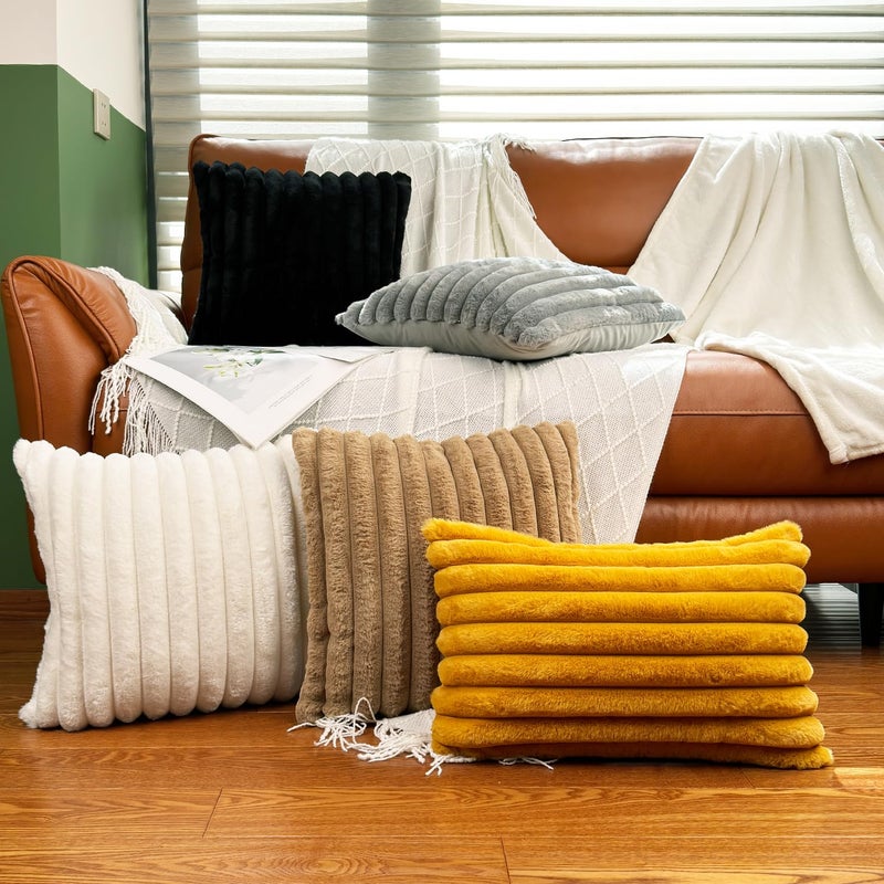 COTEY غطاء وسادة 18x18 مجموعة من 2، أغطية زخرفية من الفرو الصناعي للسرير، أريكة غطاء وسادة ناعم ورقيق مع ظهر مخملي لغرفة المعيشة، لهجة ديكور منزلي محايدة للأريكة - أبيض كريمي - Image 5