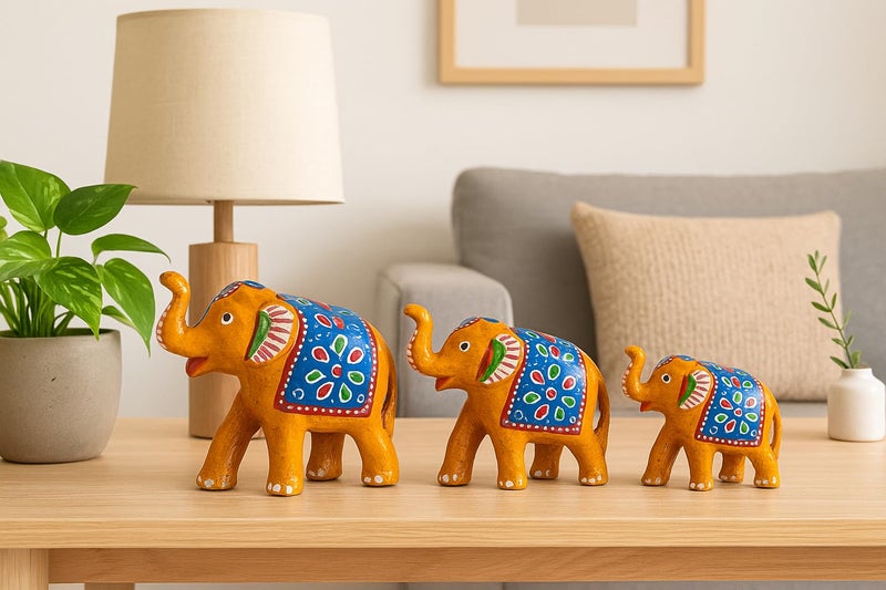 DreamKraft Paper Mache Elephant Showpiece for Enhance Home Decor - Yellow (Set of 3), Traditional, Artistic, Home Decor - Image 3
