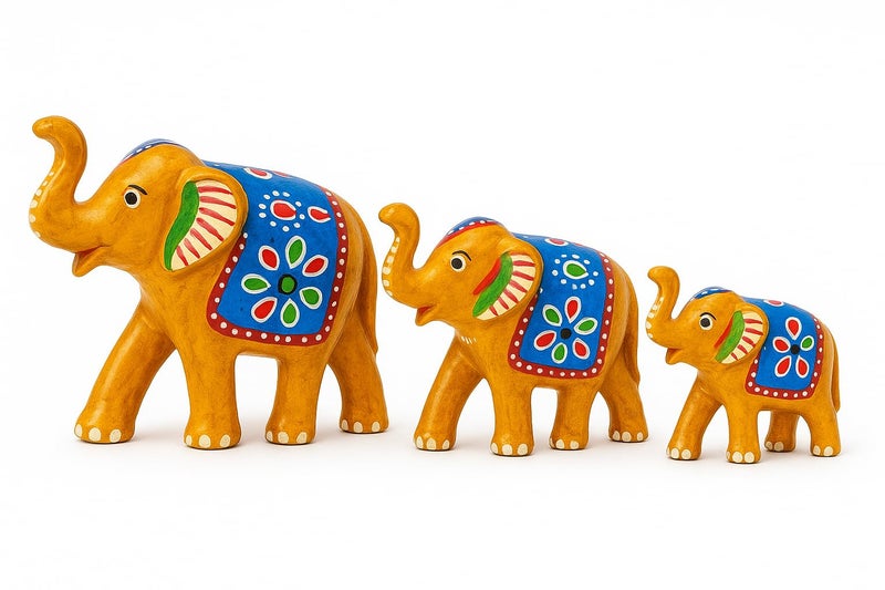 DreamKraft Paper Mache Elephant Showpiece for Enhance Home Decor - Yellow (Set of 3), Traditional, Artistic, Home Decor - Image 1