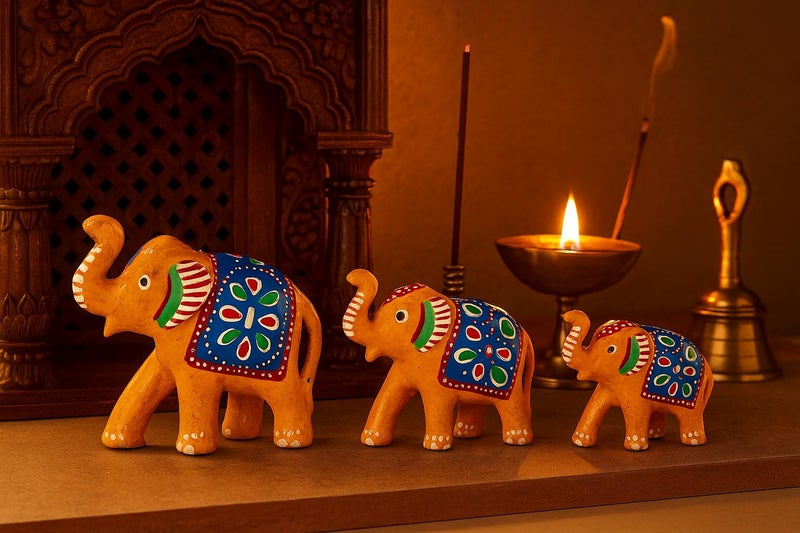 DreamKraft Paper Mache Elephant Showpiece for Enhance Home Decor - Yellow (Set of 3), Traditional, Artistic, Home Decor - Image 4