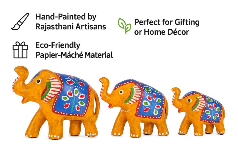 DreamKraft Paper Mache Elephant Showpiece for Enhance Home Decor - Yellow (Set of 3), Traditional, Artistic, Home Decor - Image 2