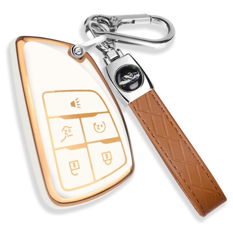 QBUC for Chevy Key Fob Cover with Keychain Soft TPU Protection Case Compatible with 2021-2026 Chevy Tahoe Suburban Equinox Blazer GMC Yukon Denali Silverado 5-Buttons(Gold Trim Ivory) - Image 1