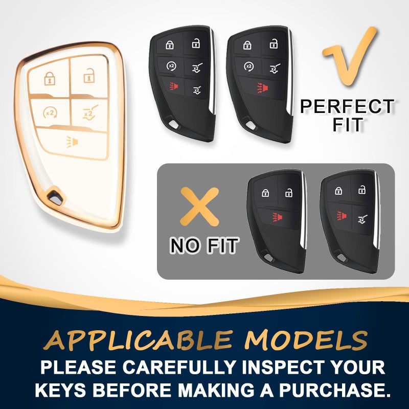 QBUC for Chevy Key Fob Cover with Keychain Soft TPU Protection Case Compatible with 2021-2026 Chevy Tahoe Suburban Equinox Blazer GMC Yukon Denali Silverado 5-Buttons(Gold Trim Ivory) - Image 2