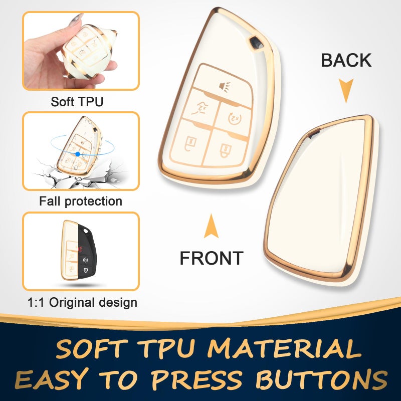 QBUC for Chevy Key Fob Cover with Keychain Soft TPU Protection Case Compatible with 2021-2026 Chevy Tahoe Suburban Equinox Blazer GMC Yukon Denali Silverado 5-Buttons(Gold Trim Ivory) - Image 3