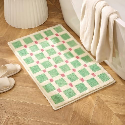 GIB cleaningtool GIB Bathroom Rugs Mat 24" x 16", Extra Soft Absorbent Plush Fluffy Bath Rugs, Non-Slip Washable Bath Mats for Bathroom Floor Shower Home Decor Accessories, Mint Green Cream Checkered with Pink Accents - Image 1
