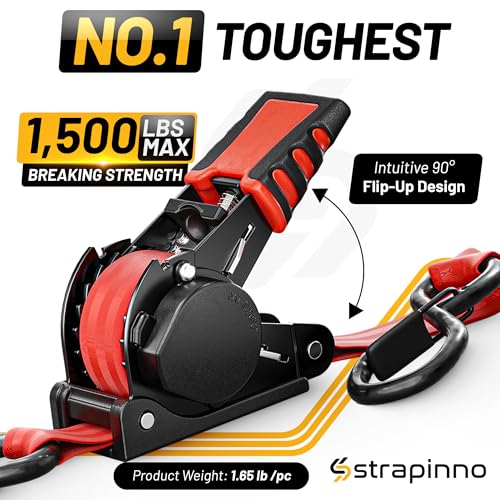 Strapinno Retractable Ratchet Straps (4-Pack), 1 in x 10 ft, 1,500LBS Break Strength, Most Durable Straps and Core, Auto Self Retracting Tie Downs for Truck, Moving, Motorcycle, Bike, Jetski, Kayak - Image 2