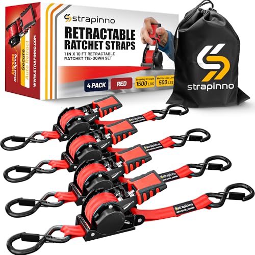 Strapinno Retractable Ratchet Straps (4-Pack), 1 in x 10 ft, 1,500LBS Break Strength, Most Durable Straps and Core, Auto Self Retracting Tie Downs for Truck, Moving, Motorcycle, Bike, Jetski, Kayak - Image 1