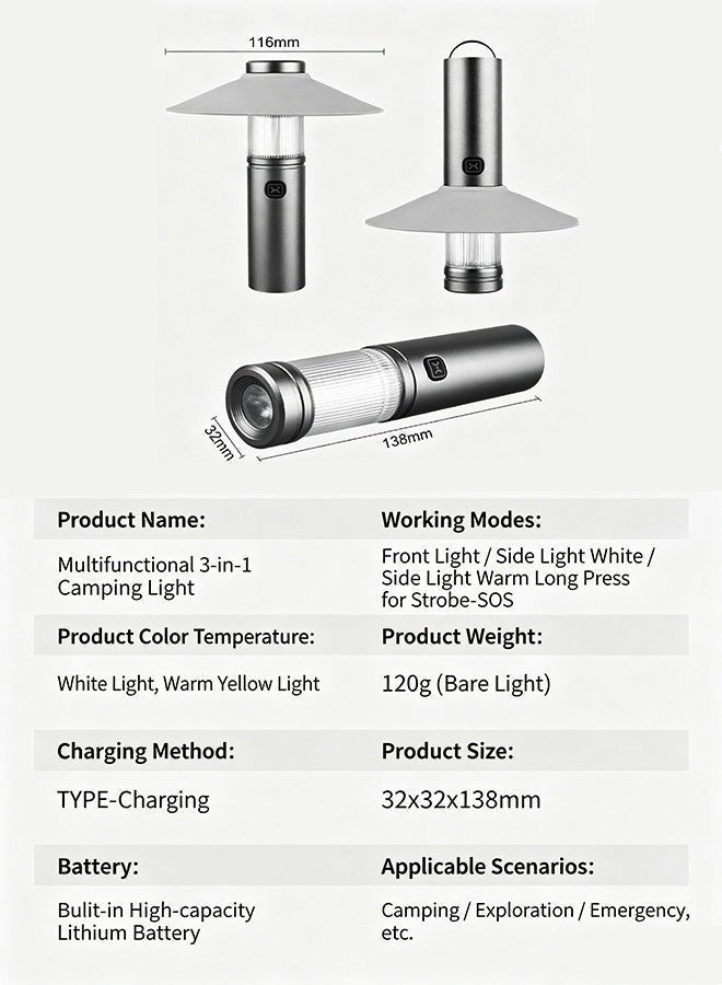 Mood Light Camping Light Flashlight 3-in-1,IPX7 Waterproof, Magnetic Mounting, Removable Shade, USB-Rechargeable Light, 2 Dimming Modes & 3 Flashlight Modes,  Portable Foldable Lantern for Camping, Hiking, and Home Emergency Outdoor Portable Light Ambient lights - Image 2