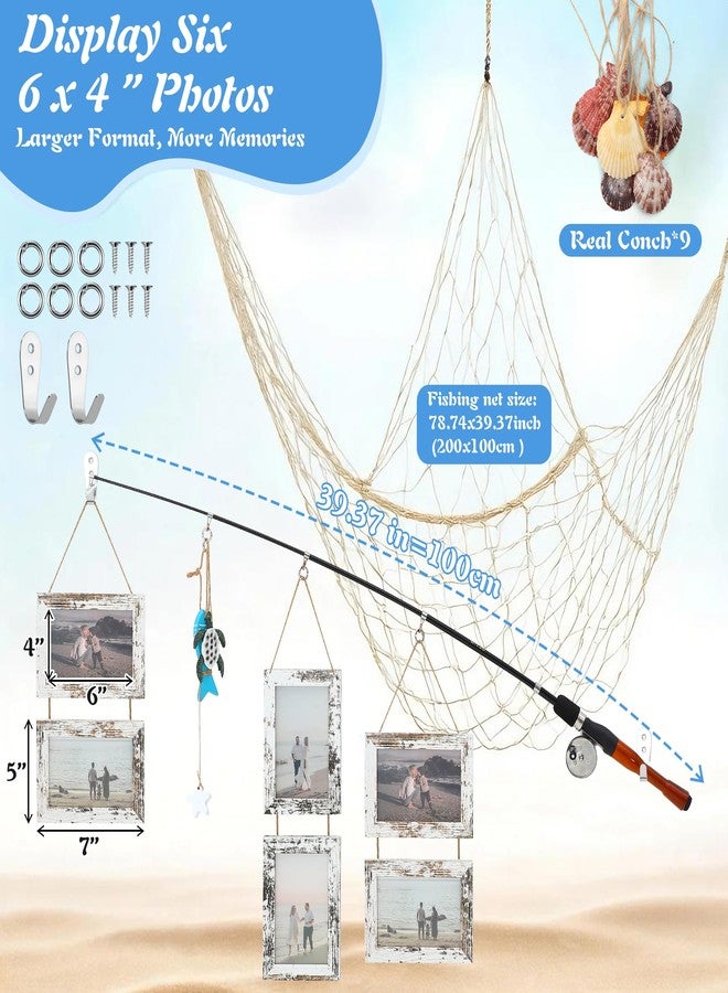 ElectricWise Wood Fishing Pole Picture Frame with Fishing Net Decor, 17”Real Fishings Rod Design with Six 6” x 4” Frames, 78" x 39" Nature Fish Net &Farmhouse Pictures Frame Fish Gifts for Cabin Lake House Decor - Image 3