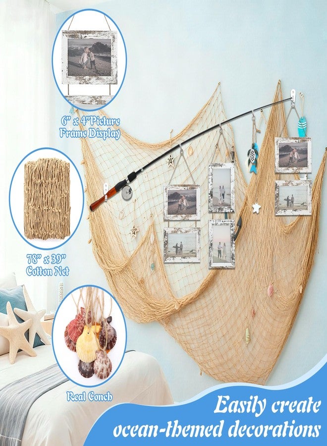 ElectricWise Wood Fishing Pole Picture Frame with Fishing Net Decor, 17”Real Fishings Rod Design with Six 6” x 4” Frames, 78" x 39" Nature Fish Net &Farmhouse Pictures Frame Fish Gifts for Cabin Lake House Decor - Image 2