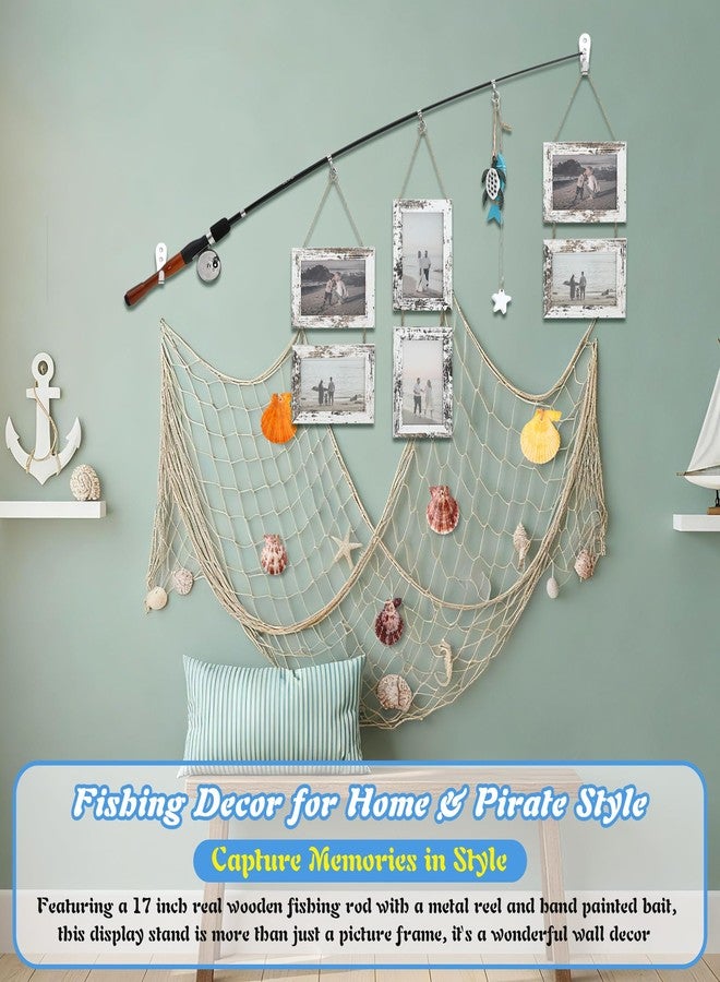 ElectricWise Wood Fishing Pole Picture Frame with Fishing Net Decor, 17”Real Fishings Rod Design with Six 6” x 4” Frames, 78" x 39" Nature Fish Net &Farmhouse Pictures Frame Fish Gifts for Cabin Lake House Decor - Image 4