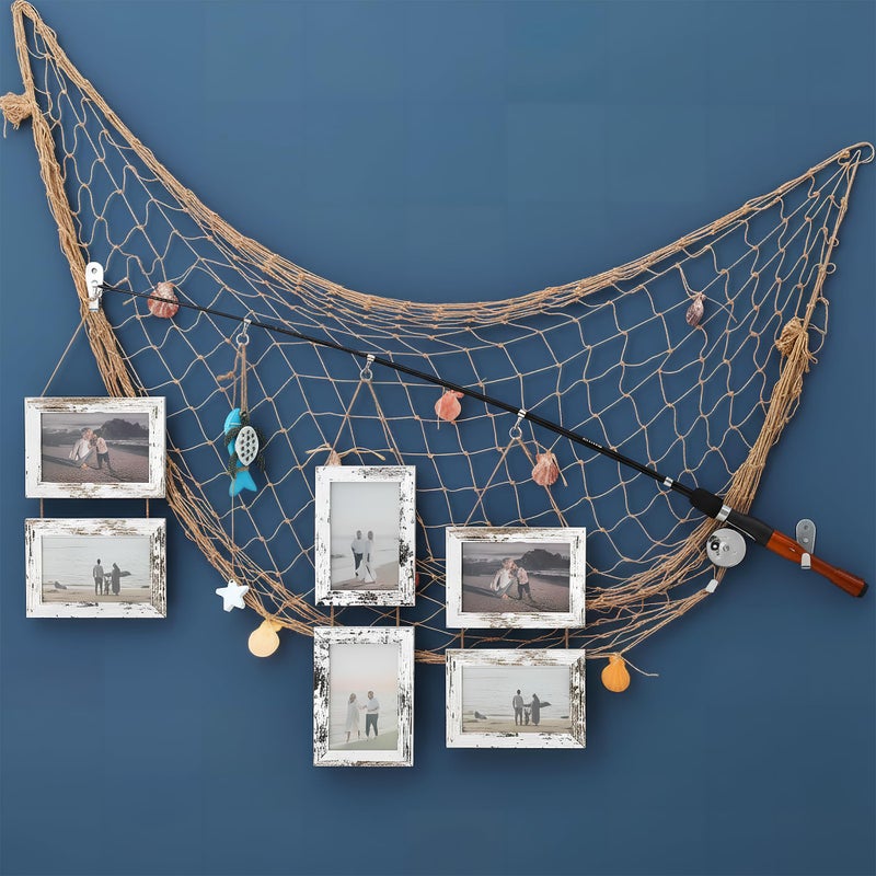 ElectricWise Wood Fishing Pole Picture Frame with Fishing Net Decor, 17”Real Fishings Rod Design with Six 6” x 4” Frames, 78" x 39" Nature Fish Net &Farmhouse Pictures Frame Fish Gifts for Cabin Lake House Decor - Image 1