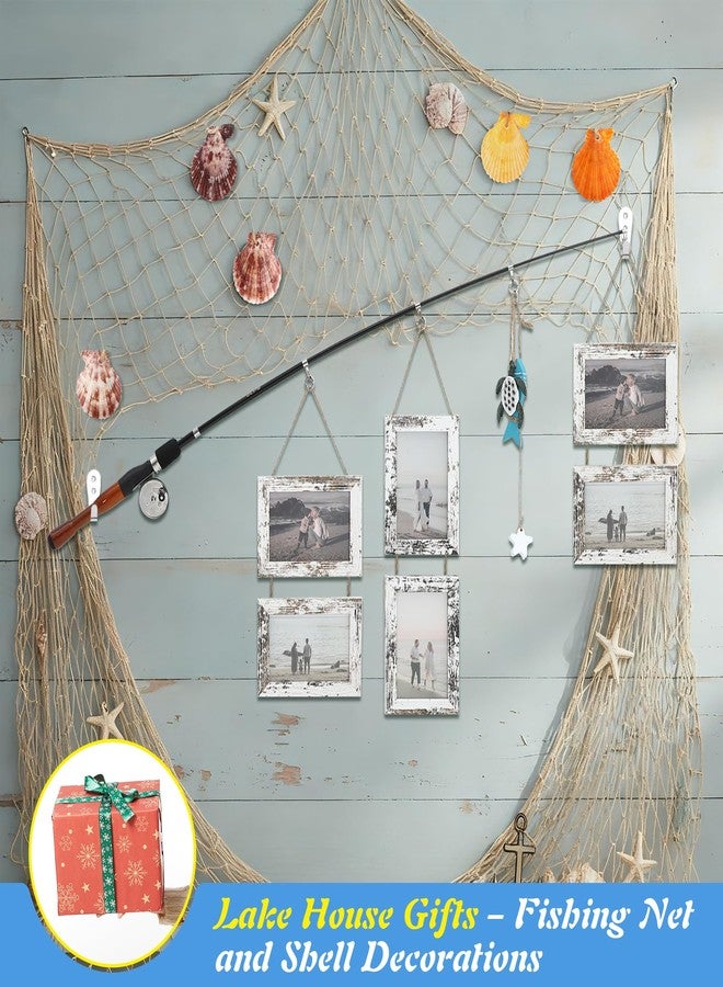 ElectricWise Wood Fishing Pole Picture Frame with Fishing Net Decor, 17”Real Fishings Rod Design with Six 6” x 4” Frames, 78" x 39" Nature Fish Net &Farmhouse Pictures Frame Fish Gifts for Cabin Lake House Decor - Image 5