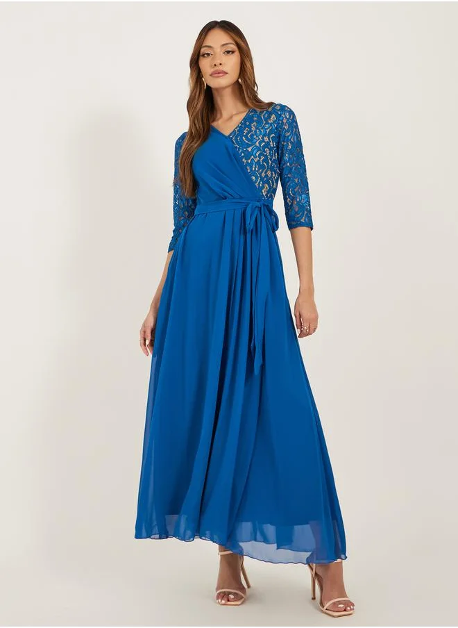 ستايلي Lace Insert Wrap Maxi Dress with Waist Tie-Up