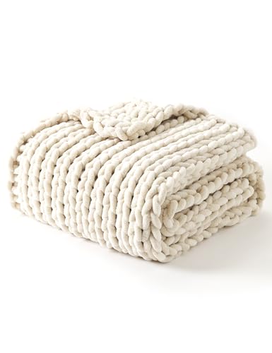YnM Chunky Throw Blanket Hand Knitted with Chenille Yarn Skin Friendly Ventilated and Breathable Machine Washable Home Dcor Piece for Couch Sofa and Bed Butter Cream 50x60 Inch