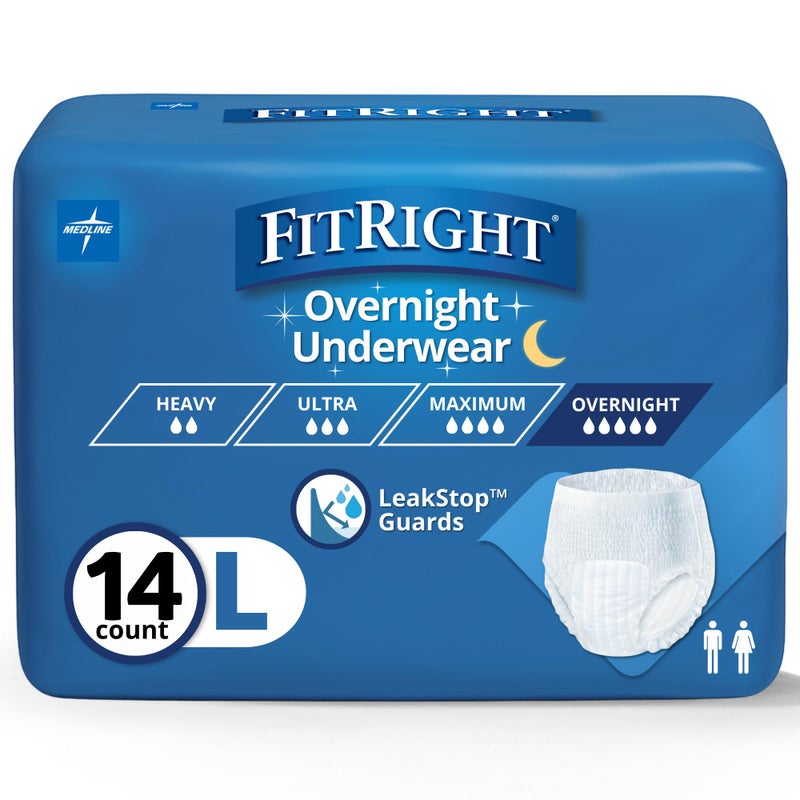 FitRight Overnight Unisex Large Underwear, (40-56 in Waist) 14 Count, Maximum All Night Disposable Incontinence Protection, Pull-On Absorbent Underwear for Men and Women, 1 Bag - Image 1