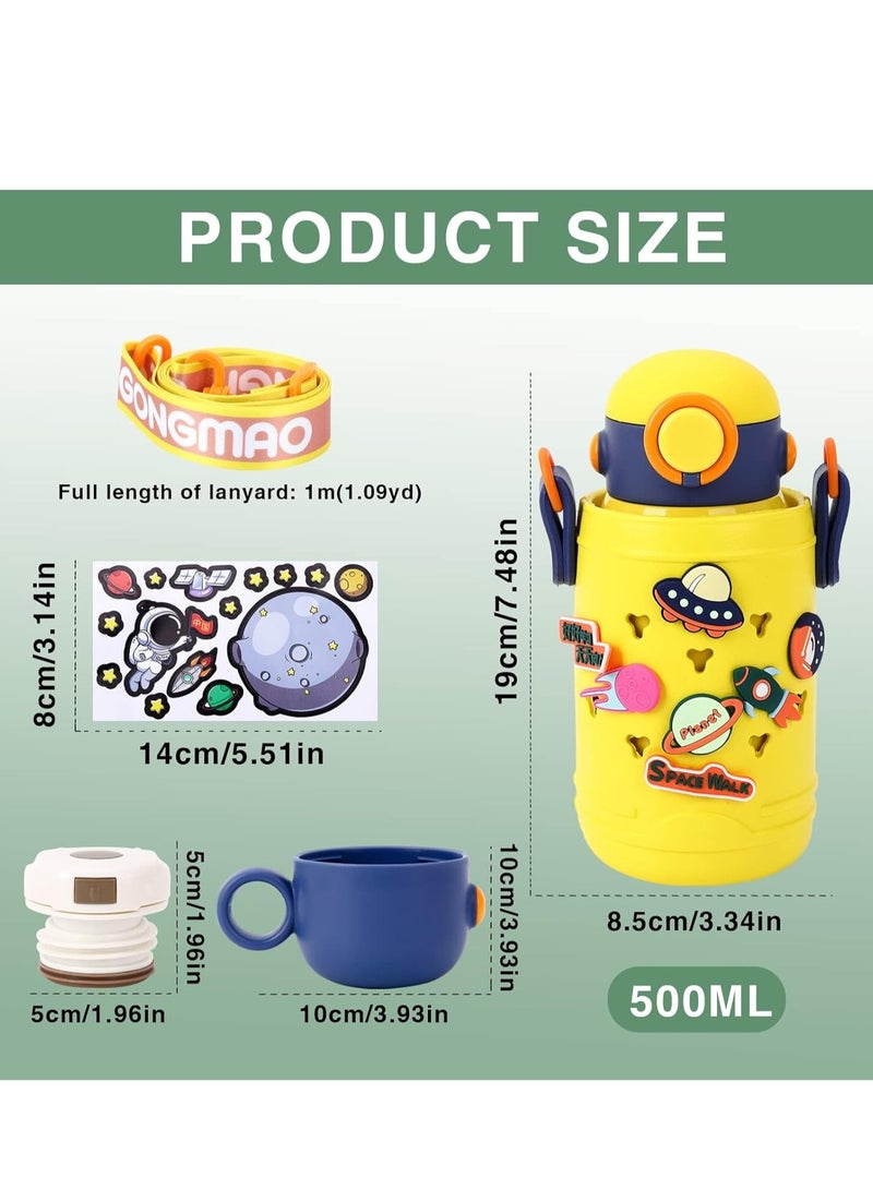 SYOSI Stainless Steel Water Bottle with Straw Lid,500ml Vacuum Insulated Metal Water Bottle,Yellow Space Reusable Double Walled Leak Proof Sports Water Bottle,Flask for Hot Cold Drinks,for Girls Boys Kids  - Image 2