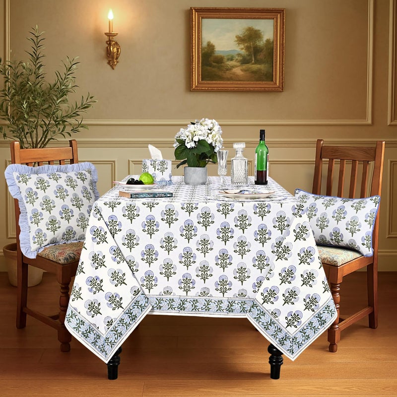 Ridhi Hand Block Print Mughal Buta Blue Rectangle Cotton Tablecloth 90" x 60" Reusable Table Cover Decorative Everyday Use for Dining, Farmhouse, Home Gift for Spring, Easter, Valentine - Image 2