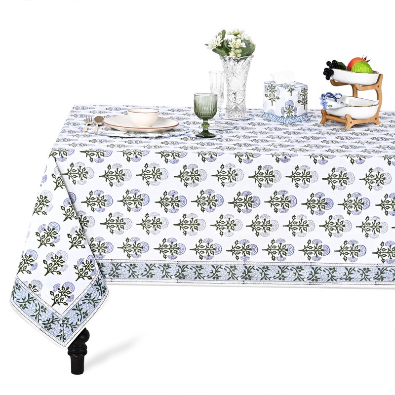 Ridhi Hand Block Print Mughal Buta Blue Rectangle Cotton Tablecloth 90" x 60" Reusable Table Cover Decorative Everyday Use for Dining, Farmhouse, Home Gift for Spring, Easter, Valentine - Image 1